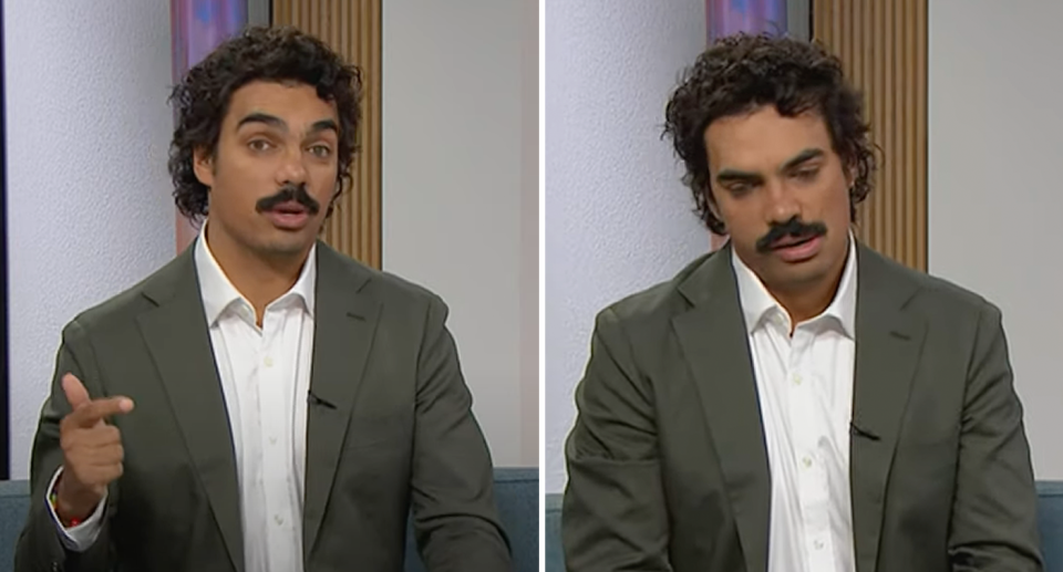 Tony Armstrong speaks to the camera about Eddie Betts while pointing (left) and looks down upset (right). 