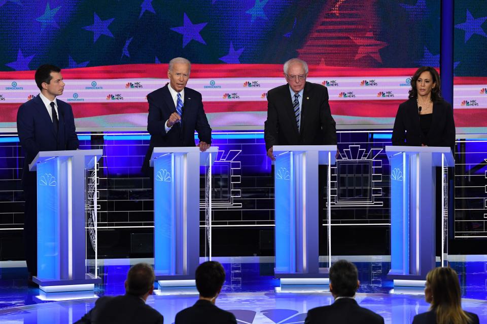 From left to right, Pete Buttigieg, Joe Biden, Bernie Sanders and Kamala Harris, are among the five candidates, along with Elizabeth Warren (not pictured), raising significant sums for their presidential bids. (Photo: SAUL LOEB via Getty Images)