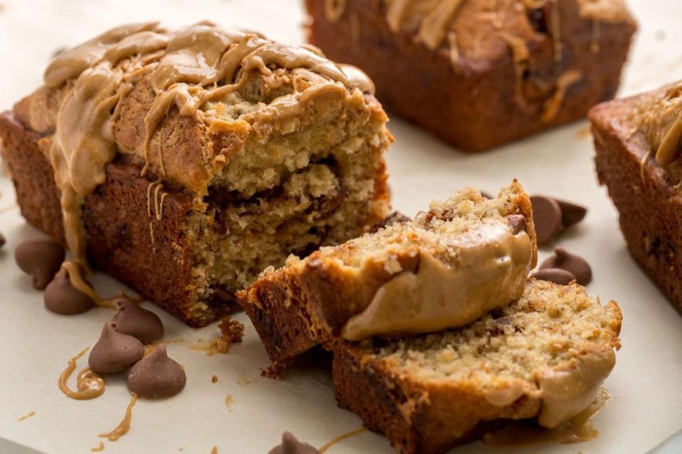 <p>The best dessert combo ever makes its way to bread.</p><p>Get the <a href="https://www.delish.com/uk/cooking/recipes/a34726360/chocolate-peanut-butter-banana-bread-recipe/" rel="nofollow noopener" target="_blank" data-ylk="slk:Chocolate-Peanut Butter Banana Bread;elm:context_link;itc:0;sec:content-canvas" class="link ">Chocolate-Peanut Butter Banana Bread</a> recipe.</p>