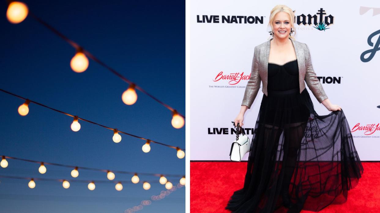  A shot of festoon style hanging outdoor lights at night, next to Melissa Joan Hart at a red carpet event. 