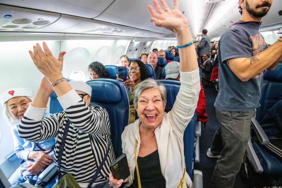 Delta Air Lines ane Virgin Voyages come together to give away a pair of tickets to each passenger on a flight to San Juan, Puerto Rico from Atlanta, Georgia at Hartsfield Jackson international Airport on Thursday February 29, 2024. (Chris Rank/ Rank Studios)