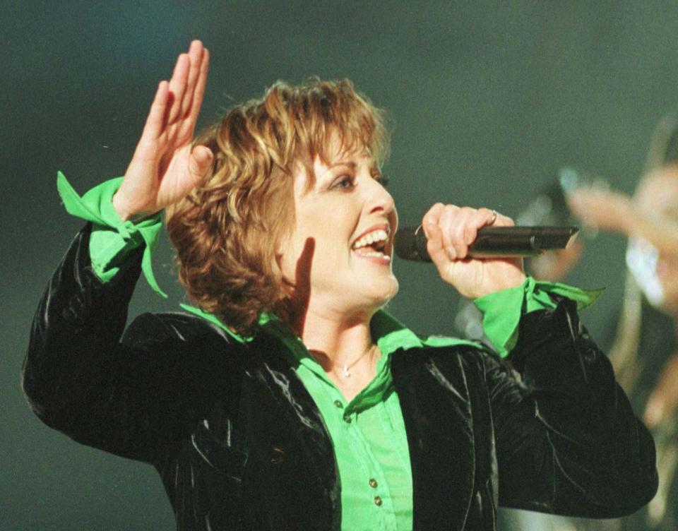 Katrina  Leskanavich singing the winning entry for the Unitede Kingdom  atthe Point Theatre in Dublin, Saturday May 3 1997, as Katrina and the waves  won the  Eurovision Song Contest. Pic John Giles.PA