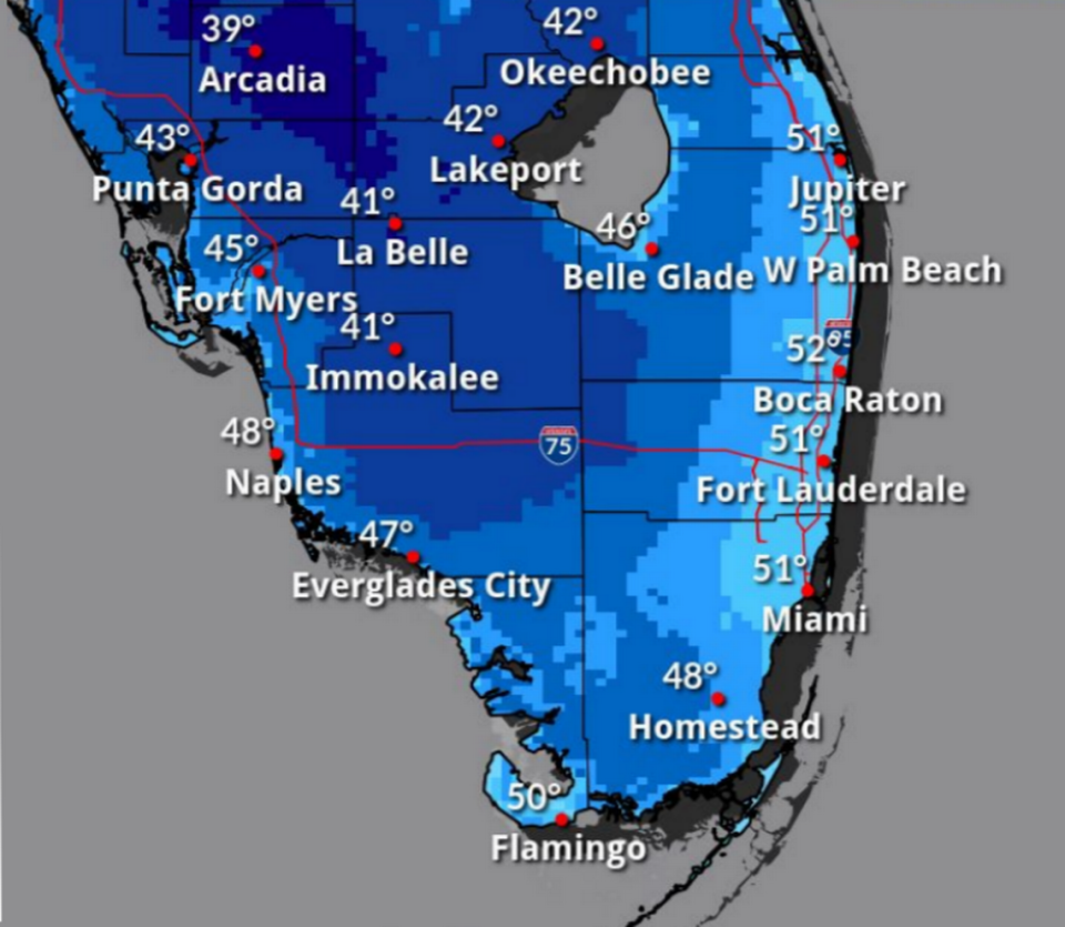 Expected minimum wind chill temperatures for South Florida in the morning of Thursday, Feb. 22, 2024.