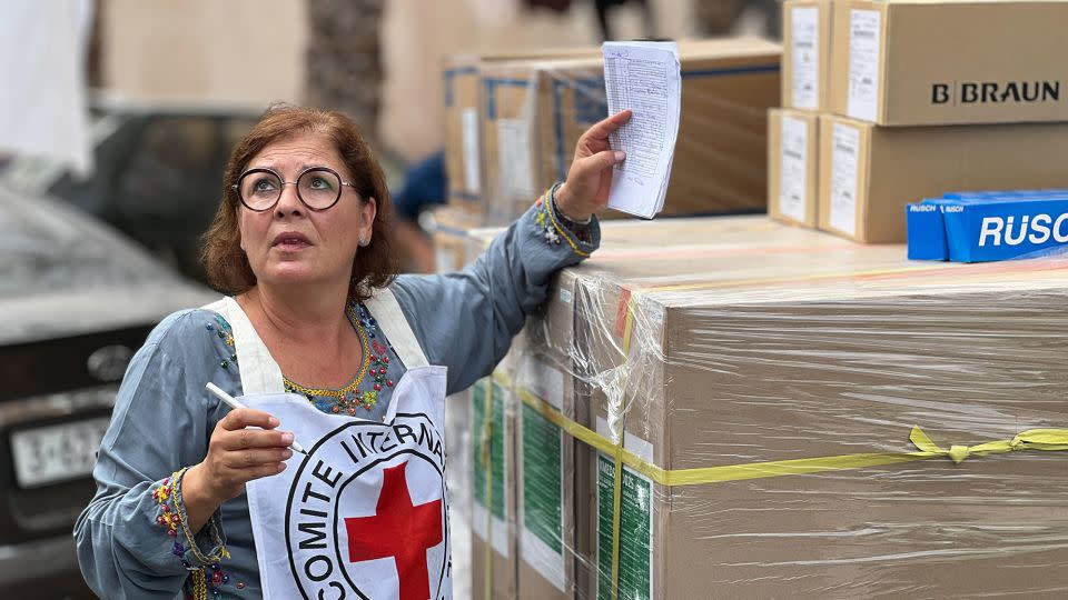 Red Cross staff deliver medical aid to the Nasser Medical Hospital in Khan Younis, Gaza, on Sunday, Oct. 29, 2023. - Ahmad Salem/Bloomberg/Getty Images