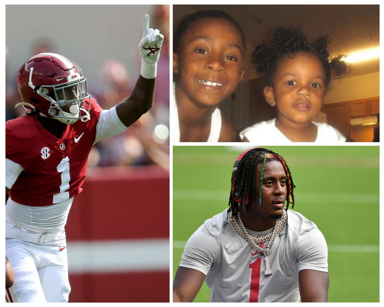 Left and bottom: Photos of Alabama football cornerback Kool-Aid McKinstry [Staff Photo/Gary Cosby Jr.]. Top right: Kool-Aid McKinstry and late cousin Gemari Allen [Submitted photo].