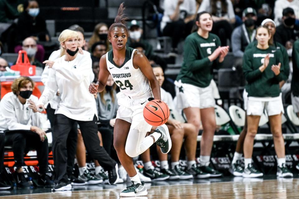 Michigan State's Nia Clouden moves with the ball against Notre Dame during the first quarter on Thursday, Dec. 2, 2021, at the Breslin Center in East Lansing.