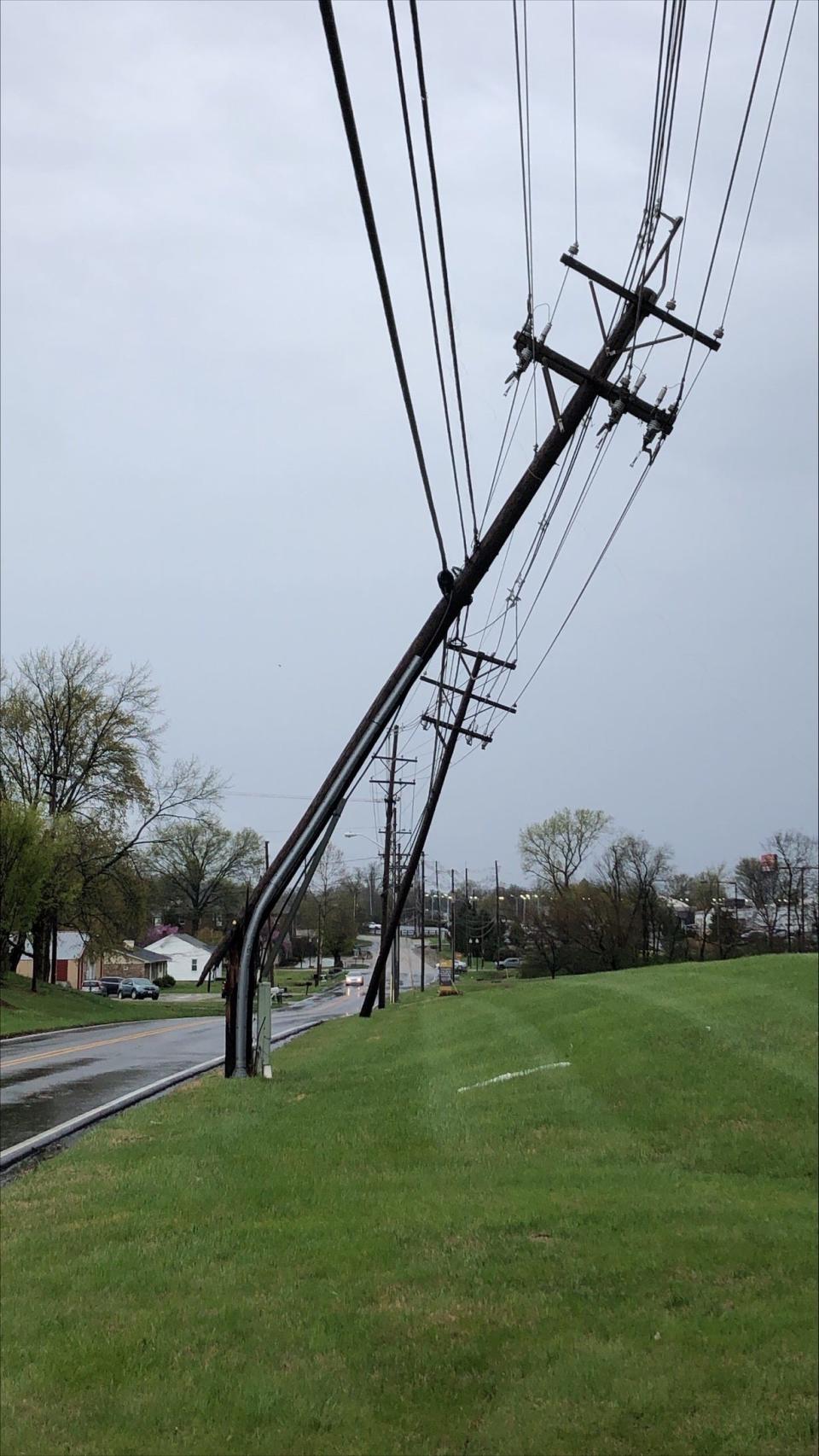 Power lines were twisted in Louisville's Newburg neighborhood during a storm on Wednesday. April 5, 2023