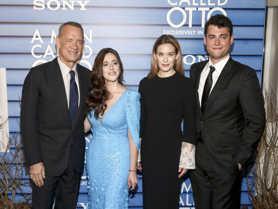 Actors Tom Hanks, from left, Mariana Trevino, Rachel Keller and Truman Hanks attends a special screening of "A Man Called Otto" at Dot Dash Meredith on Monday, Jan. 9, 2023, in New York. (Photo by Andy Kropa/Invision/AP)