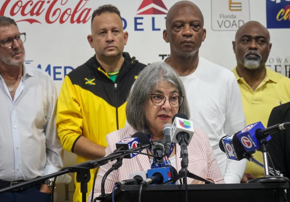 Miami-Dade Mayor Daniella Levine Cava leads a press conference about the County’s strong support for the Aid Efforts to the Caribbean in conjunction with the Caribbean Consular Corps and SFL Caribbean Strong on Thursday, July 4, 2024 at the Global Empowerment Mission in Doral, Florida.