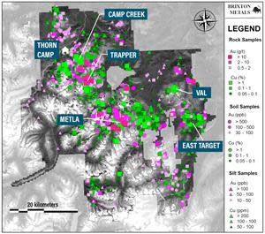 Location Map of the Thorn Property with Copper-Gold Geochemistry.