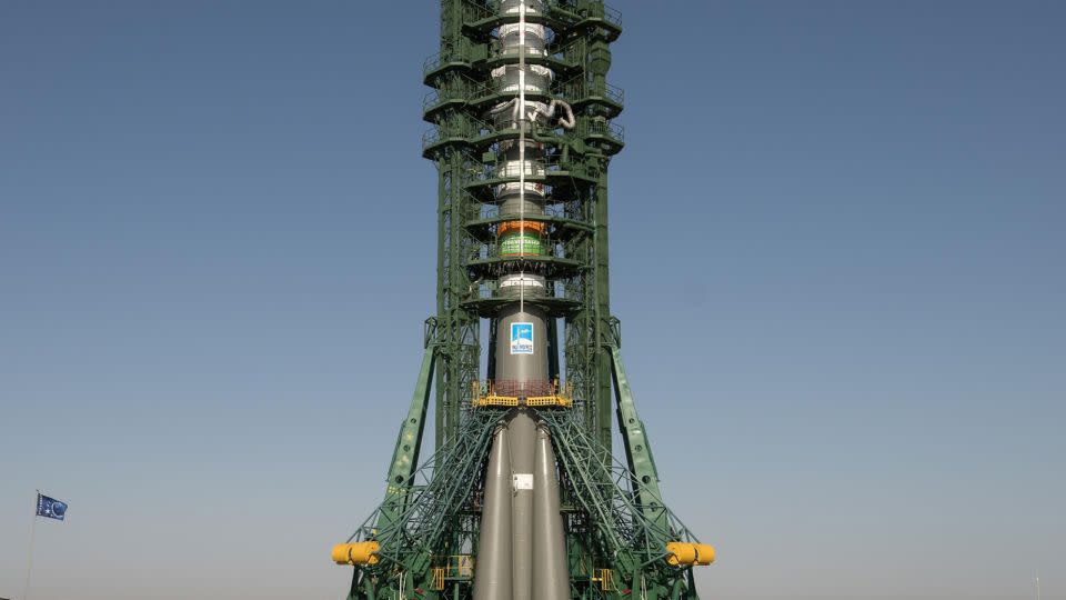 The Soyuz rocket is seen shortly after rolling out to the launchpad on March 18 at the Baikonur Cosmodrome in Kazakhstan. - Bill Ingalls/NASA