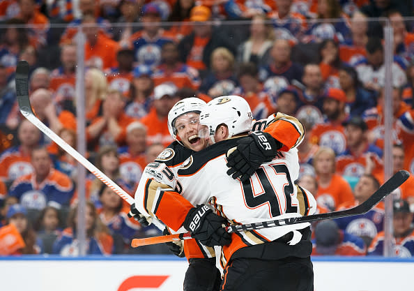 EDMONTON, AB - APRIL 30: Jakob Silfverberg #33 and Josh Manson #42 of the Anaheim Ducks celebrate Silfverberg's goal against the Edmonton Oilers in Game Three of the Western Conference Second Round during the 2017 NHL Stanley Cup Playoffs at Rogers Place on April 30, 2017 in Edmonton, Alberta, Canada. The Ducks won 6-3. (Photo by Codie McLachlan/Getty Images)