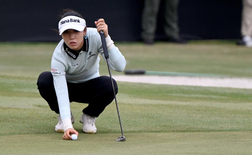 Lydia Ko lines up her putt on the 18th hole during the final round of 2022 CME Group Tour Golf Championship at the Tiburon Golf Club in Naples, Fla., Sunday, Nov. 20, 2022.  (Chris Tilley)