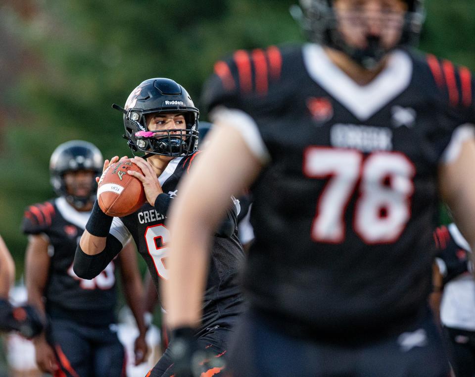 Fern Creek quarterback Kaleb Passmore (6) got in some pregame reps before the CAL Centurions faced off against the Fern Creek Tigers on Friday, Oct. 27, 2023.