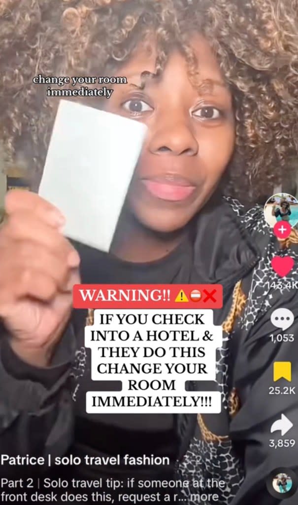 A Brooklyn-based woman named Patrice posted a now-deleted TikTok video warning hotel staff to never read a woman’s room number out loud. TikTok/@patricejwill