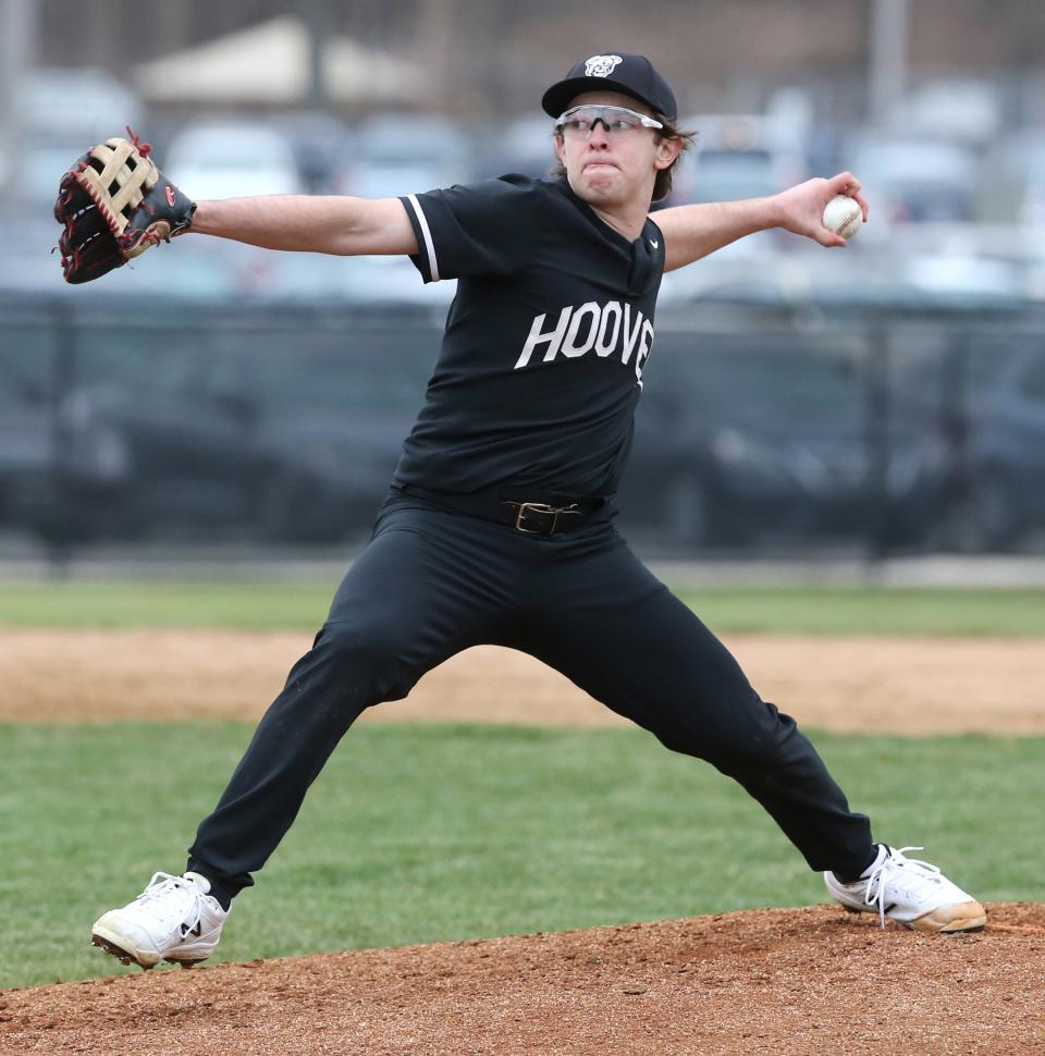 Nick Vardavas of Hoover delivers a pitch during their game against Jackson at Hoover on Tuesday, April 5, 2022.