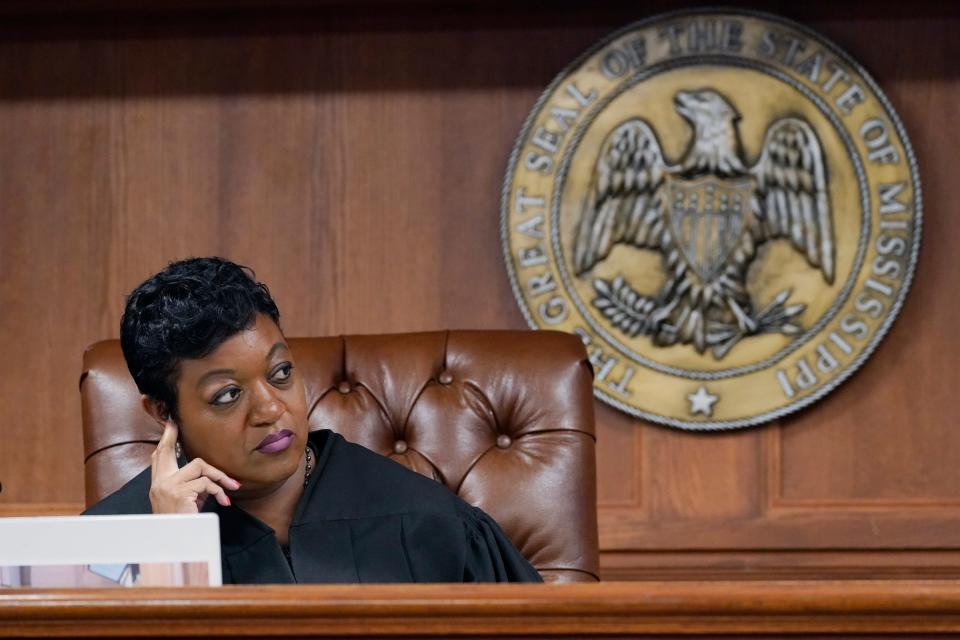 Hinds County Chancery Judge Crystal Wise Martin listens as lawyer Rob McDuff, attorney for Parents For Public Schools, presents arguments in a lawsuit that says the state violates its own constitution with a grant program for private schools, during a hearing in Jackson, Miss., Tuesday, Aug. 23, 2022.