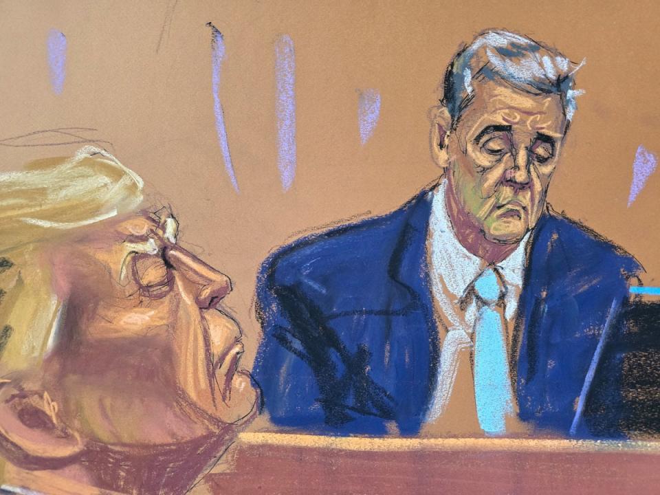 A courtroom sketch depicts Michael Cohen testifying in front of Donald Trump durinh his hush money trial on 14 May. (REUTERS)