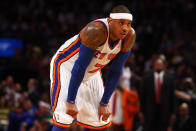 Carmelo Anthony looks on against the Toronto Raptors at Madison Square Garden on March 20, 2012 in New York. (Photo by Chris Chambers/Getty Images)