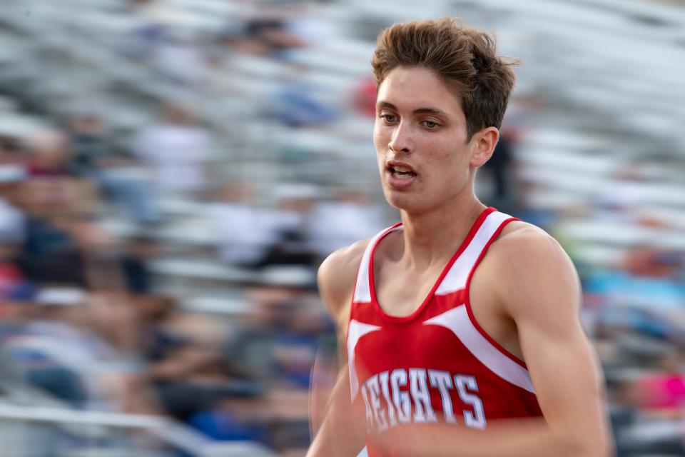 Shawnee Height’s Jackson Esquibel competes in the 1600 meter run during the Joe Schrag City Meet Friday, May 3, 2024, at Hummer Sports Park.