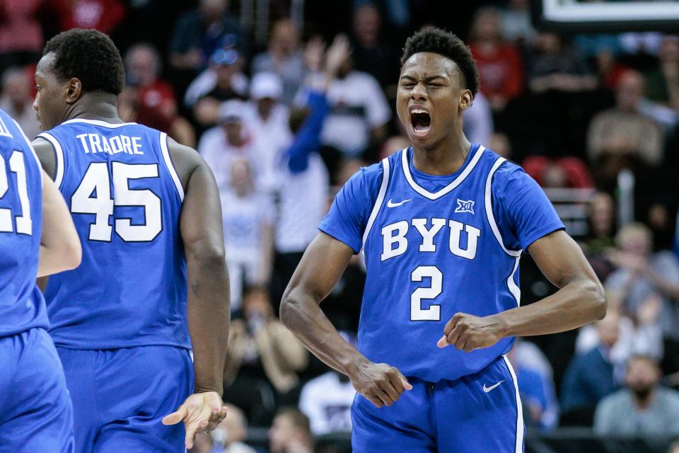 Brigham Young Cougars guard Jaxson Robinson (2) reacts to a play during the second half against the Texas Tech Red Raiders at T-Mobile Center.