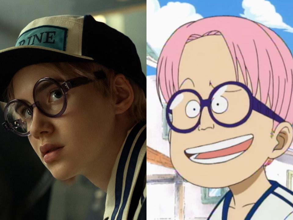 left: morgan davies as koby in netflix's one piece, wearing a marine hat with round blue glasses and pink hair; right: koby in the one piece anime, sans the marine uniform