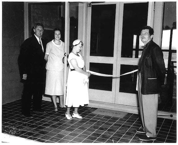 Opening of the Museum of Art of Ogunquit, 1953, Henry and Lois Thompson Strater (left) with Robert Laurent (right) and Mimi Laurent cutting the ribbon.