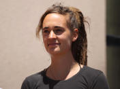 Sea-Watch3 German captain Carola Rackete leaves after being questioned in court in the southern Sicilian town of Agrigento, Italy, Thursday, July 18, 2019. Rackete, who forced a government block docking at an Italian port after rescuing migrants, faces questioning by Italian prosecutors over allegedly aiding illegal immigration. (Pasquale Claudio Montana Lampo/ANSA via AP)