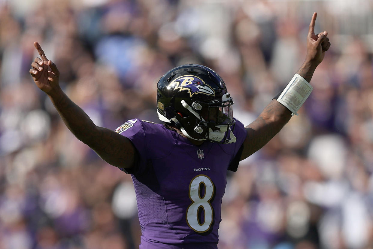 Lamar Jackson and the Ravens are looking good at 5-1. (Photo by Patrick Smith/Getty Images)
