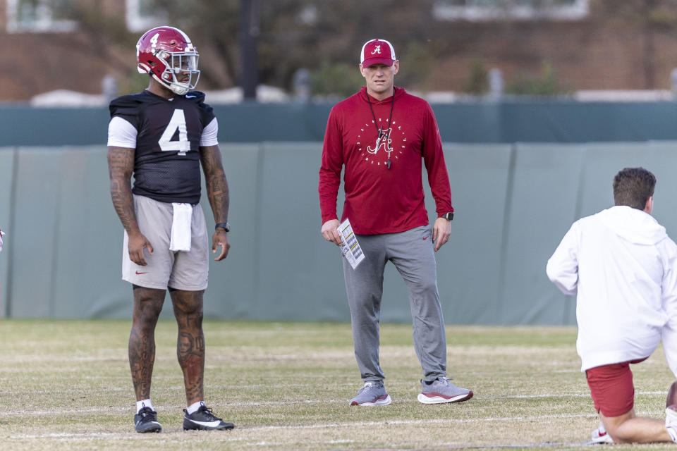 Alabama coach Kalen DeBoer has a seasoned veteran at quarterback in Jalen Milroe next season.  (AP Photo/Vasha Hunt)