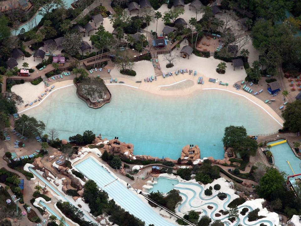 Disney's Blizzard Beach water park is empty after it closed.