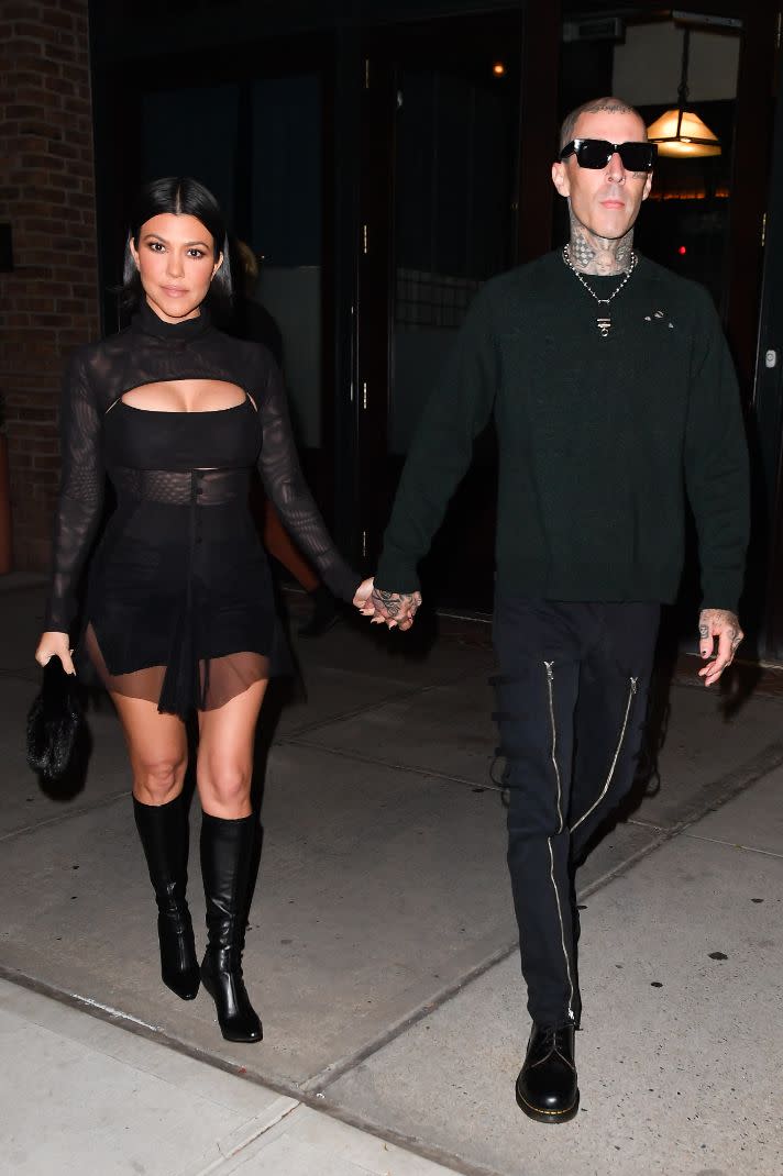 Travis Barker and Kourtney Kardashian join Kendall Jenner at Zero Bond for dinner, New York, Oct. 14. - Credit: Robert O' Neil/Splash News