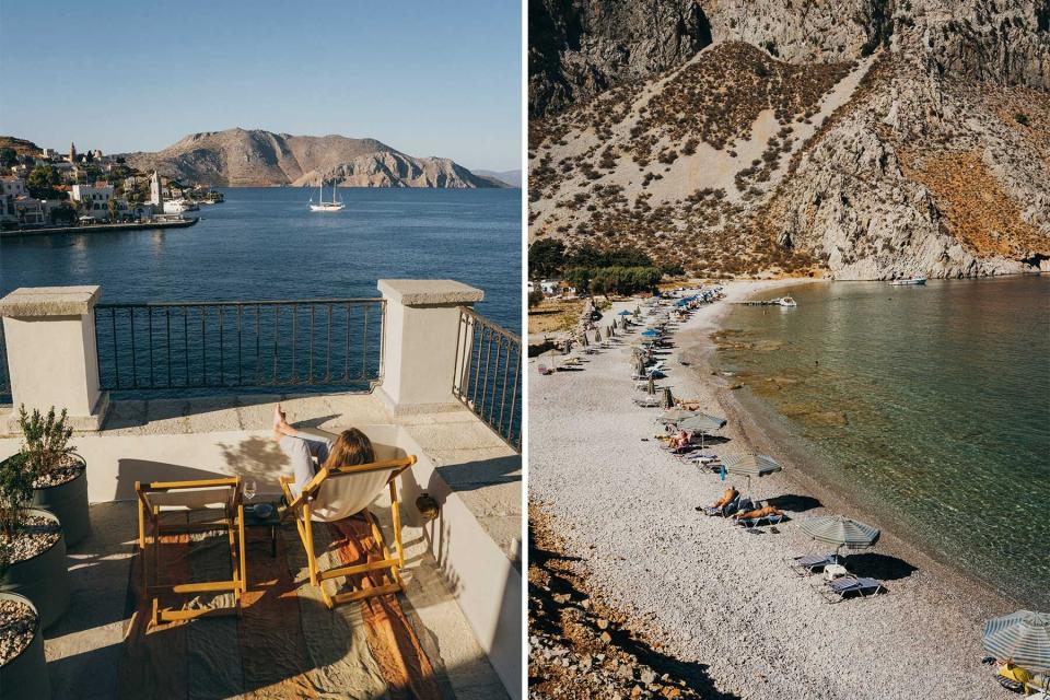 Two scenes from Symi, Greece, showing a hotel terrace, and a beach on Symi island