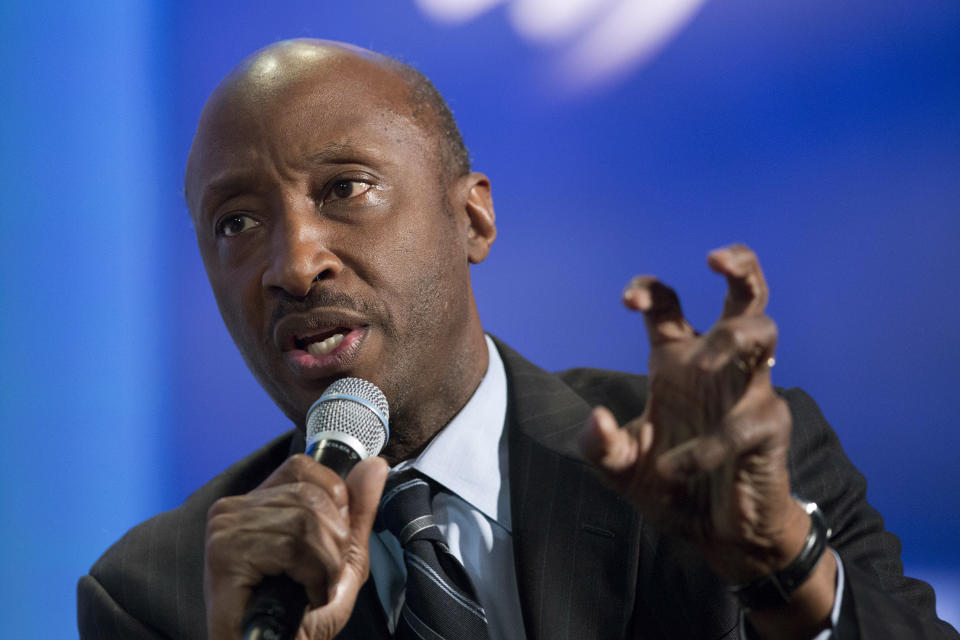 Kenneth Frazier, Chairman and CEO of Merck, participates in a session "The Future of Impact," Sunday, Sept. 27, 2015 at the Clinton Global Initiative in New York. (AP Photo/Mark Lennihan)