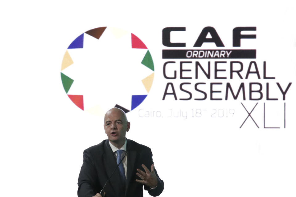 FIFA president Gianni Infantino speaks during the Confederation of African Football general assembly in Cairo, Egypt, Thursday, July 18, 2019. The African soccer body is holding its first major meeting since announcing that FIFA will send a senior official to lead a clean-up of the scandal-plagued organization in an unprecedented move for soccer. The Confederation of African Football, whose president is facing numerous allegations of corruption amid the crisis, is holding its general assembly on Thursday in Cairo on the eve of the African Cup final. (AP Photo/Hassan Ammar)