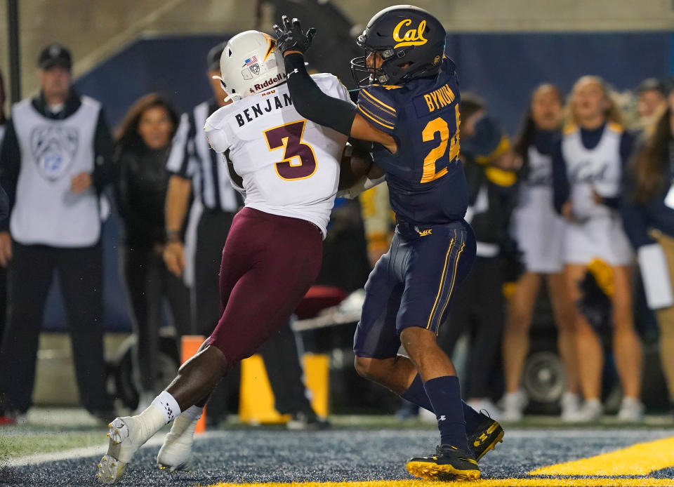 BERKELEY, CALIFORNIA - SEPTEMBER 27: Eno Benjamin #3 of the Arizona State Sun Devils scores a touchdown pushing Camryn Bynum #24 of the California Golden Bears into the endzone during the first quarter of an NCAA football game at California Memorial Stadium on September 27, 2019 in Berkeley, California. (Photo by Thearon W. Henderson/Getty Images)