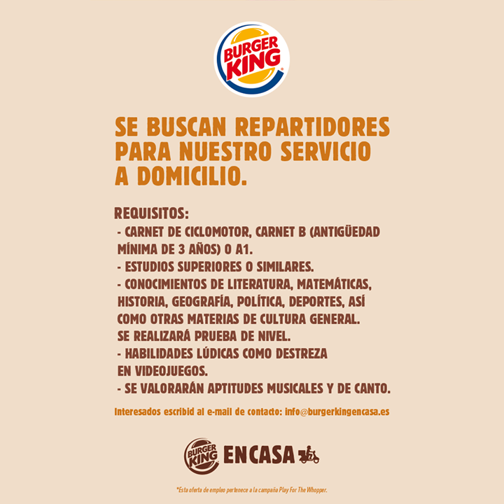 La polémica oferta de trabajo de Burger King que no avisa de que se trata de una campaña hasta el final y en letra casi ilegible. (Foto: Facebook de Burger King España)