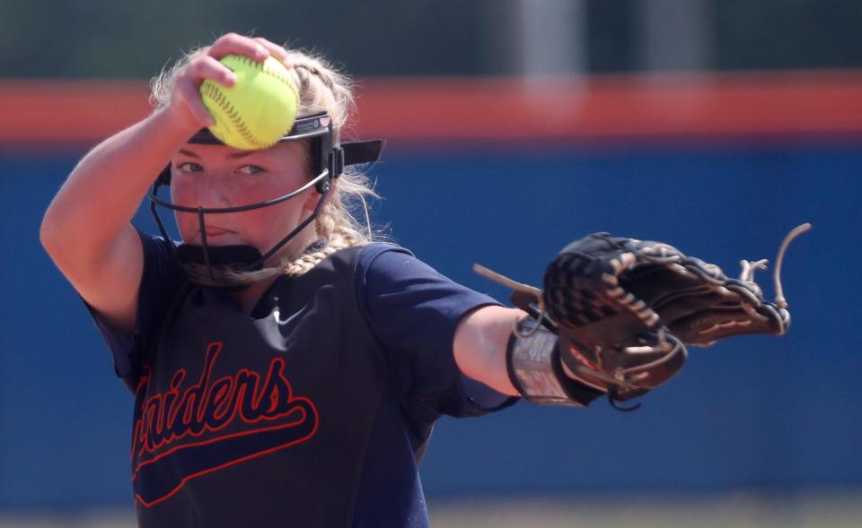 Harrison Raiders Rylan Gick (20) pitches during the IHSAA softball semi state game against the Penn Kingsmen, Saturday, June 3, 2023, at Harrison High School in Wes Lafayette, Ind. Penn won 4-3.