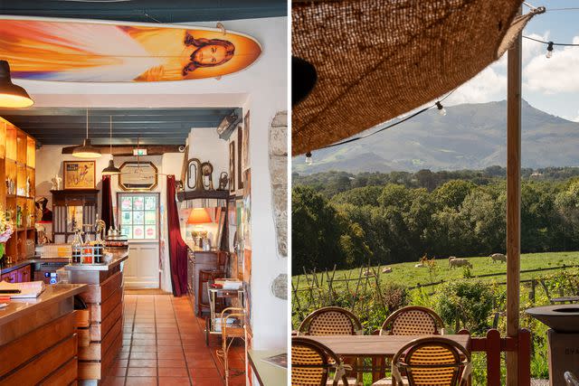 <p>Ambroise Tézenas</p> From left: Ostalapia, a restaurant and farm stay outside Biarritz; mountain views from the terrace of Ostalapia.