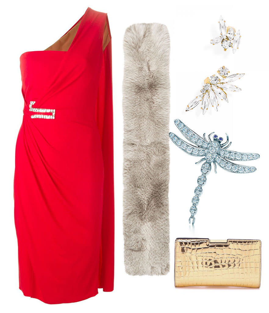 A red, one-shoulder dress with plenty of eye-catching accessories is always a showstopper.
