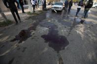 A view shows a street following shelling in Barda