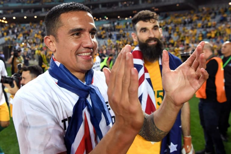 Australia's Tim Cahill (L) and Mile Jedinak celebrate after Australia defeated Honduras in their FIFA 2018 World Cup qualification play-off 2nd leg match, in Sydney, on November 15, 2017