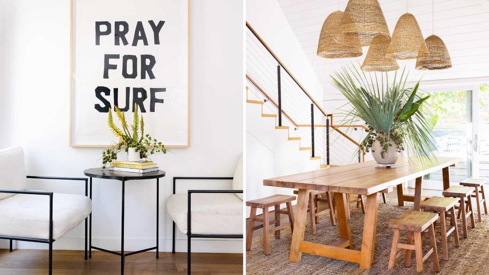Two photos showing the light airy interiors of the Surfrider hotel in Malibu, California