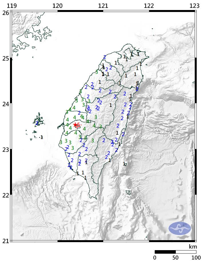 嘉義發生規模5.5地震。（圖／氣象局）