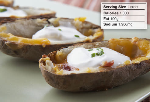 <div class="caption-credit"> Photo by: getty</div><b>WORST: Loaded Potato Skins</b> <br> Potato skins filled with melted cheese, meats, and sour cream are as fattening as they are tempting. "You're taking a potato and adding saturated fats," Blake cautions. At more than 150 calories a pop, the trick to enjoying these is to have just one. Devour a whole plateful and you'll take in about 1,340 calories, 94 g of fat, and 1,850 mg of sodium.