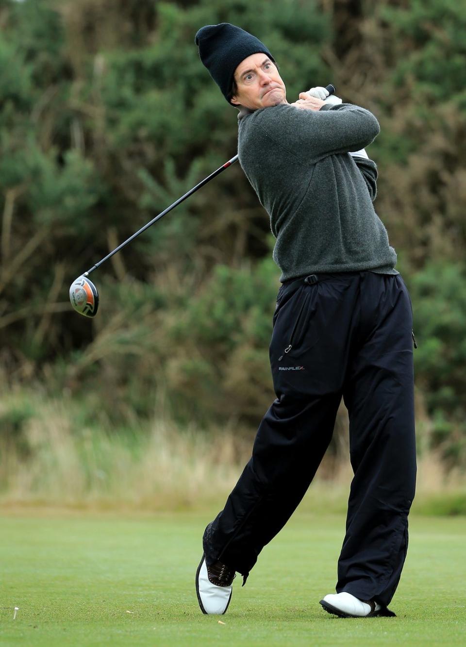 <p>Kyle MacLachlan on the first tee during a practice round at Kingsbarns for the 2013 Alfred Dunhill Links Championship.</p>