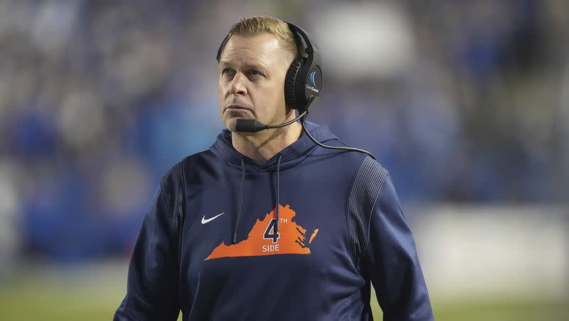 Virginia head coach Bronco Mendenhall watches from the sideline during the an NCAA college football game against BYU on Oct. 30, 2021, in Provo. Is Mendenhall headed to New Mexico?