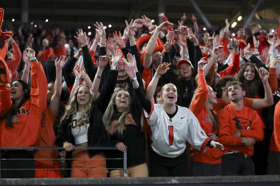 The Oregon State student section sings along to “Party in the USA” by Miley Cyrus during game against Utah Friday, Sept. 29, 2023, in Corvallis, Ore. Oregon State won 21-7. | Amanda Loman, Associated Press