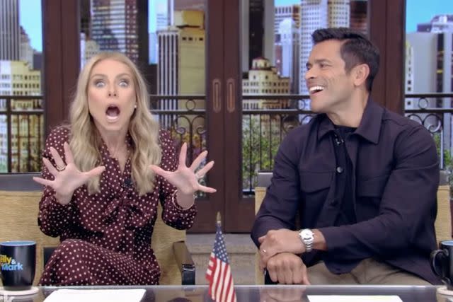 <p>ABC</p> Kelly Ripa reveals she witnessed a celebrity gossiping about other stars on a plane on 'Live With Kelly & Mark'