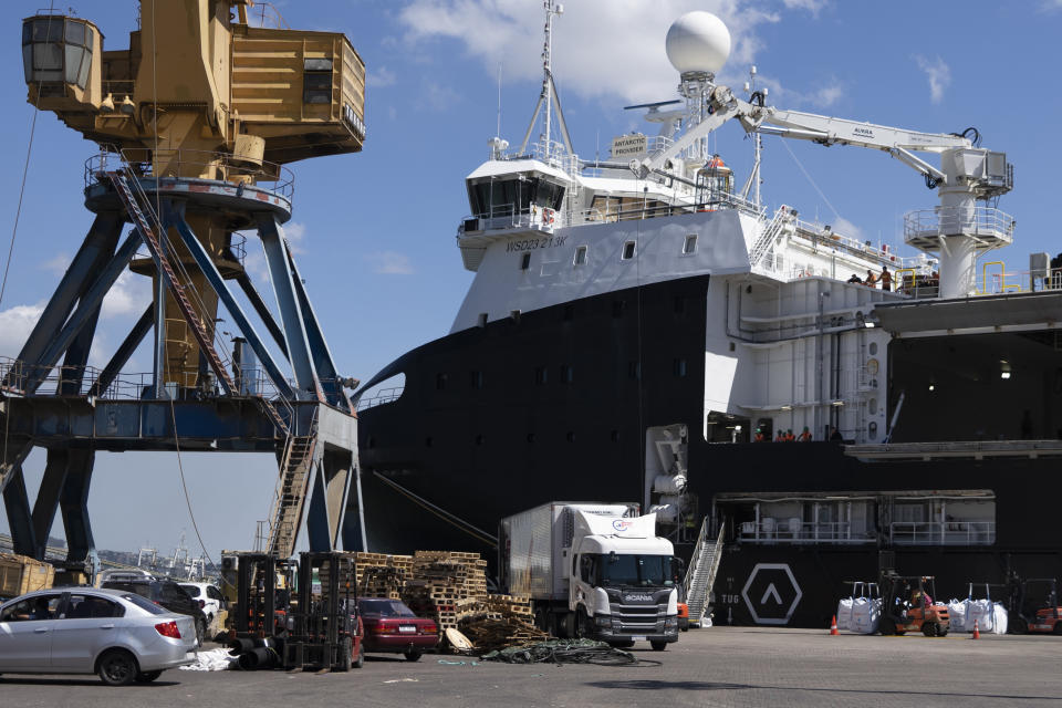 The Norwegian Aker BioMarine's Antarctic Provider unloads its haul at a port in Montevideo, Uruguay, on Feb. 21, 2023. This is the first stop on krill’s journey from remote wilderness to international commodity. From this South American hub, shipments of whole dried krill spread across the globe — to feed processors and salmon farms in Europe, Canada and Australia, pet food manufacturers in China and a former ice cream factory in Houston which produces 80% of the world’s krill oil. (AP Photo/David Keyton)